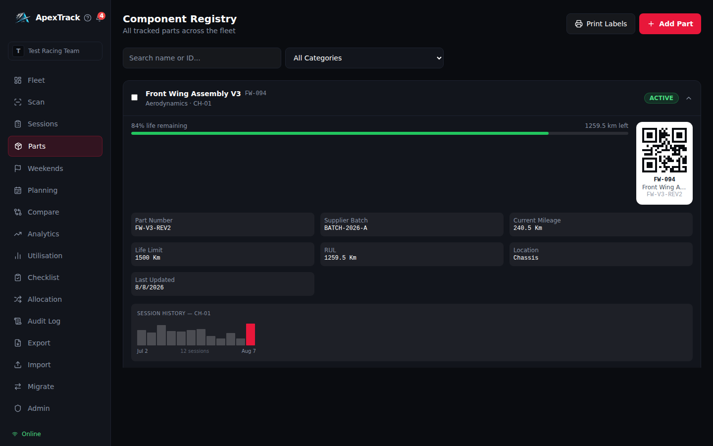 Component detail: calibrations, service interval, history