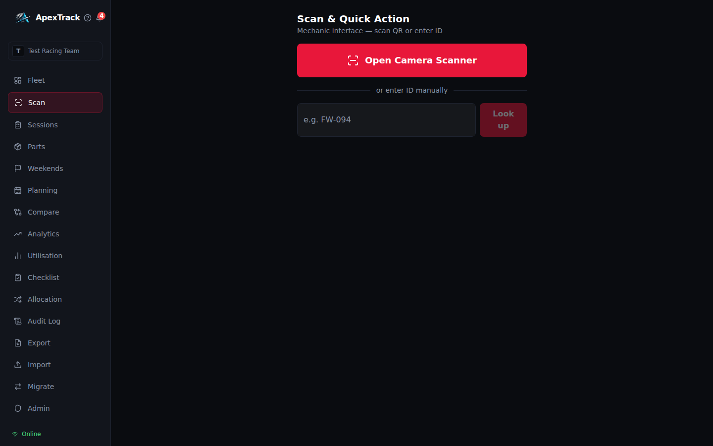 ApexTrack scanner and quick actions